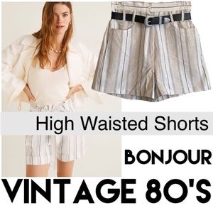 Vintage 80’s High Waisted Shorts Belt Linen Cotton Retro Stripes BonJour Size 28